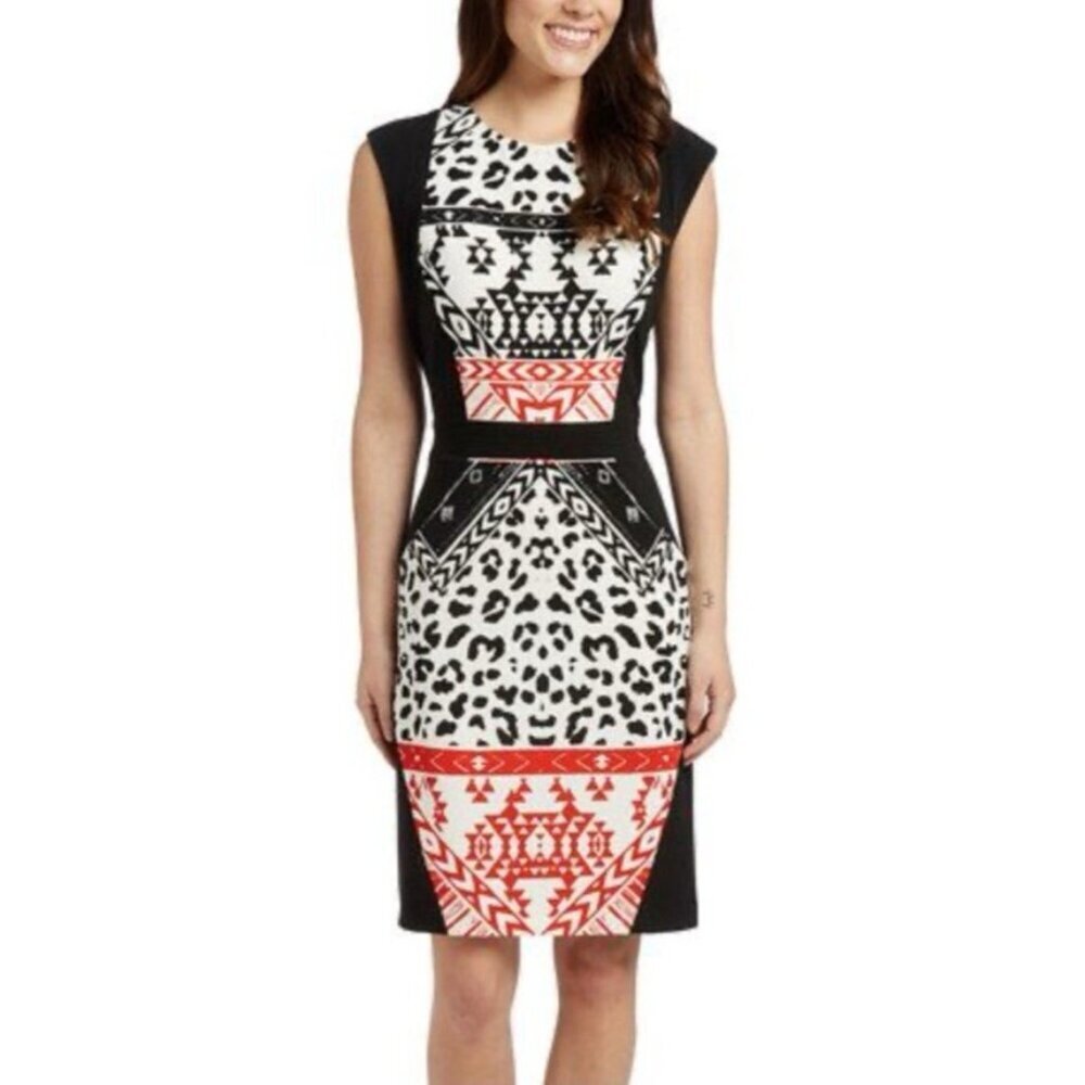 ILE New York Dress Red Black White 12 Stretch Sheath Career Church Washable NWT